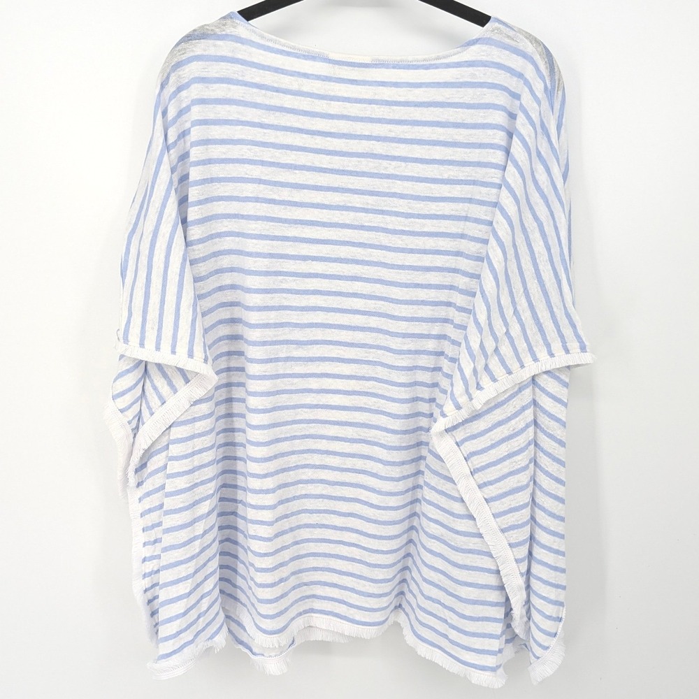 J Jill Linen Poncho Top Women M/L Petite Blue Striped Fringe Coastal Coverup